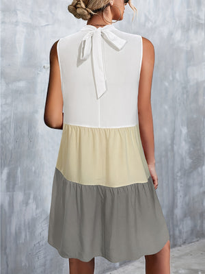 Tied Color Block Mock Neck Sleeveless Dress