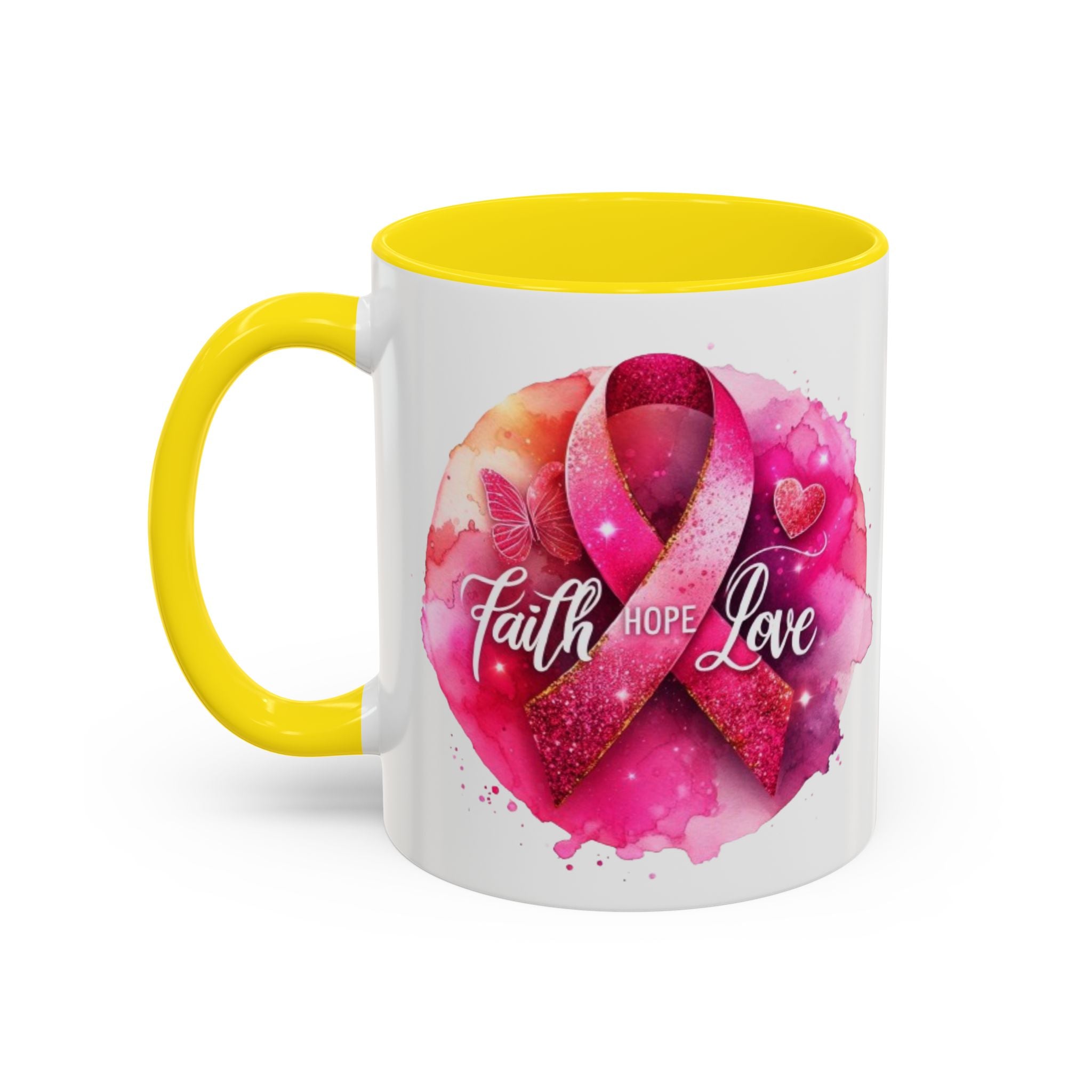 Inspirational Accent Coffee Mug with Pink Ribbon Design, Faith Hope Love Gift, Cancer Awareness Mug, Supportive Drinkware, Meaningful [...]