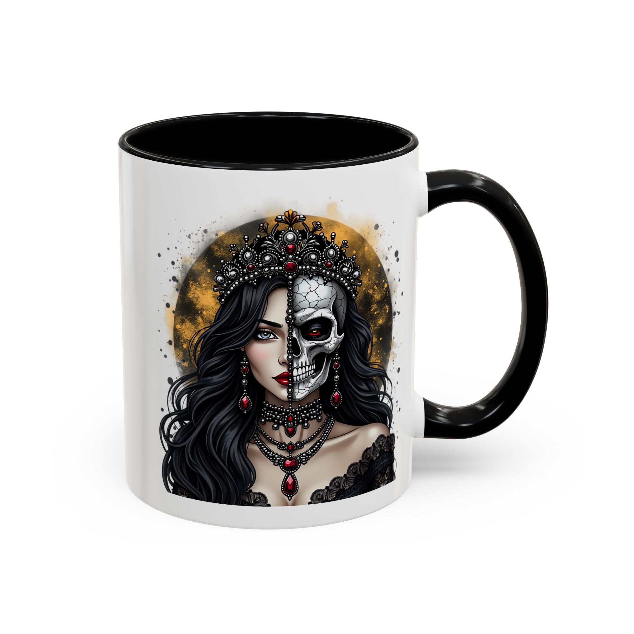 Gothic Art Accent Mug - Artistic Skull & Lady Design, Unique Coffee Cup for Halloween, Gift for Her, Decorative Kitchenware, Dark Aesthetic