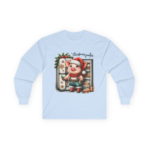 Christmas Pig Long Sleeve Tee, Festive Unisex Shirt, Holiday Apparel, Cute Animal Gift, Winter Wonderland Merch