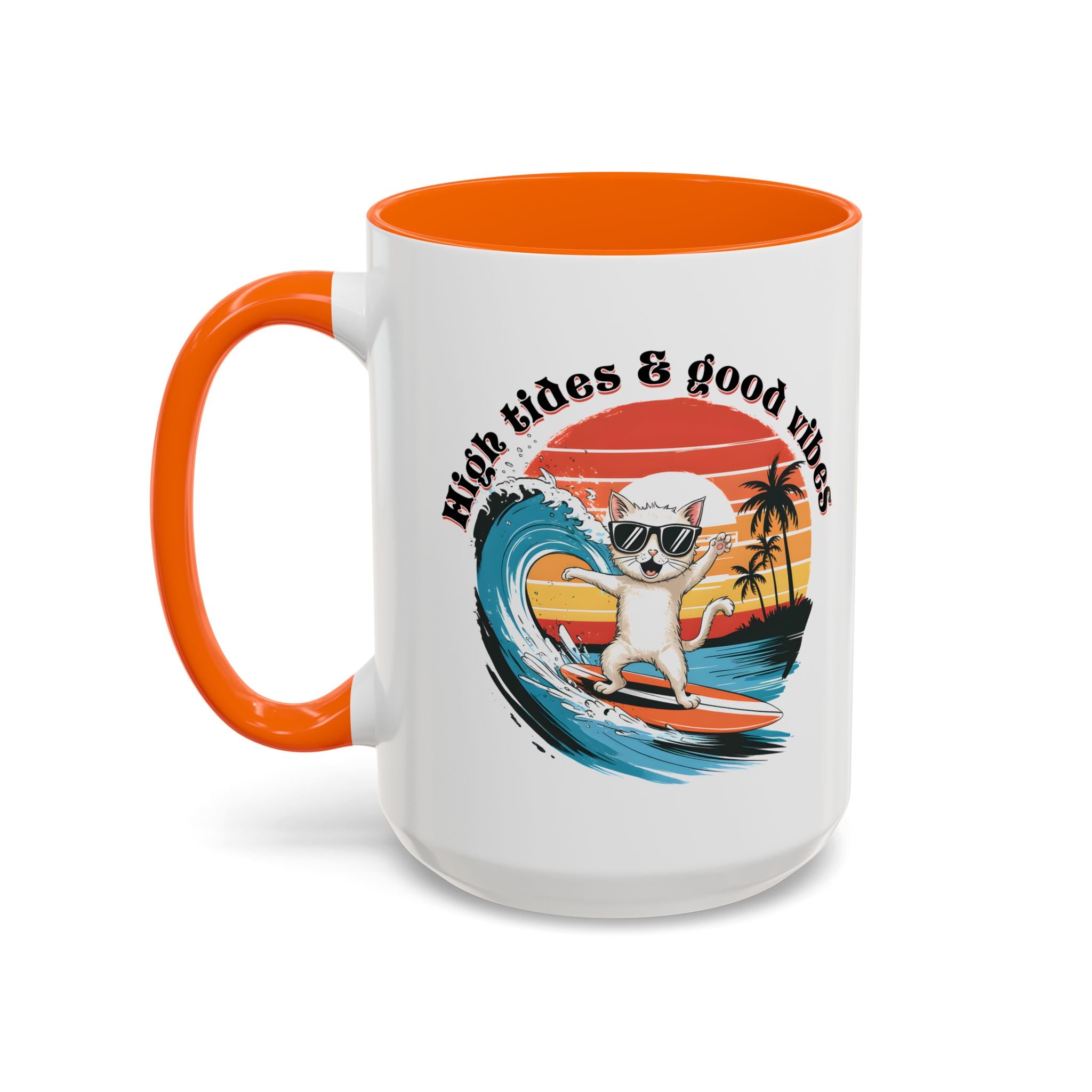 Surfing Cat Coffee Mug - High Tides & Good Vibes - Beach Lover Gift animal lover funny