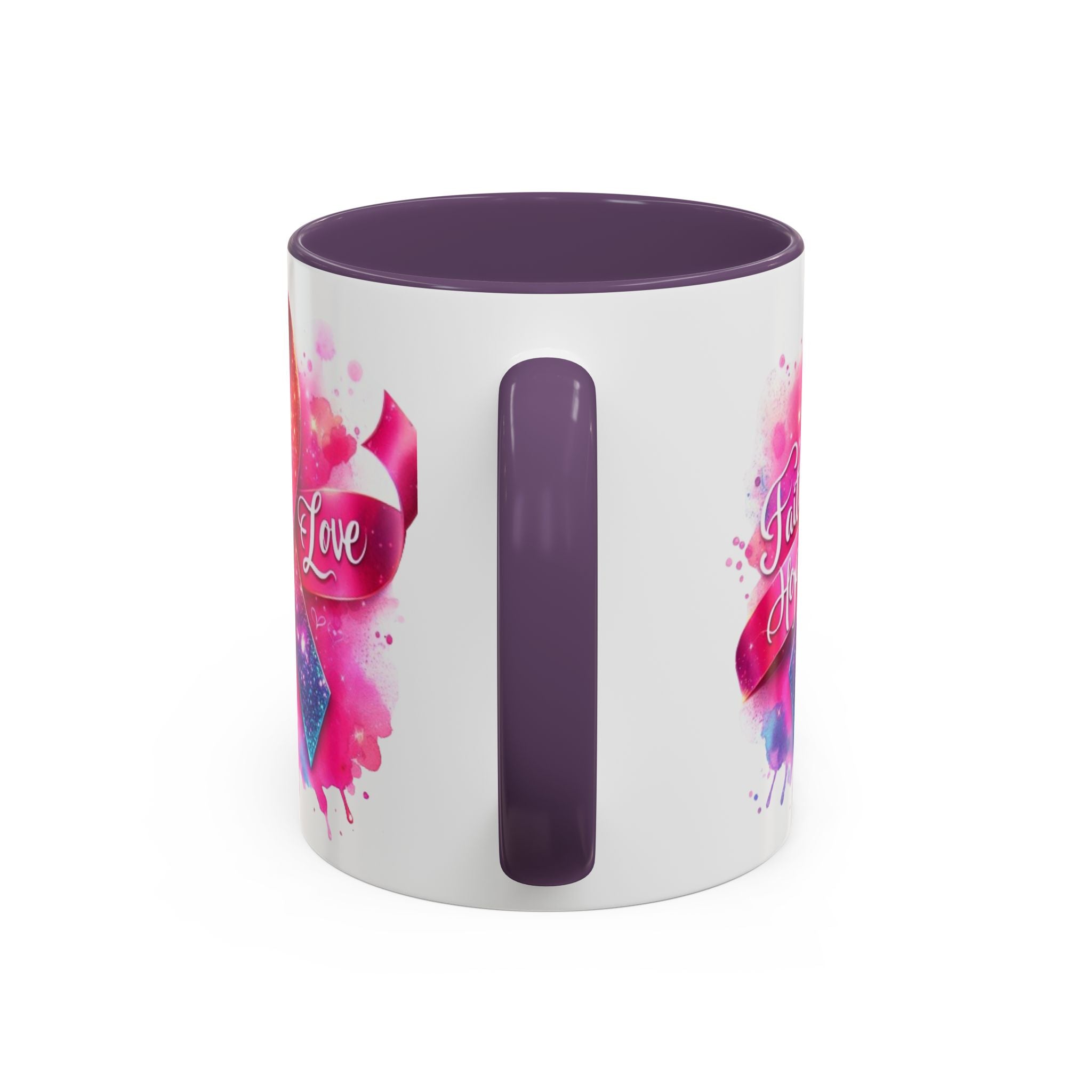 Inspirational Ribbon Coffee Mug - Faith, Hope, Love, Support, Gift for Cancer Awareness, Breast Cancer, Encouragement, Motivational