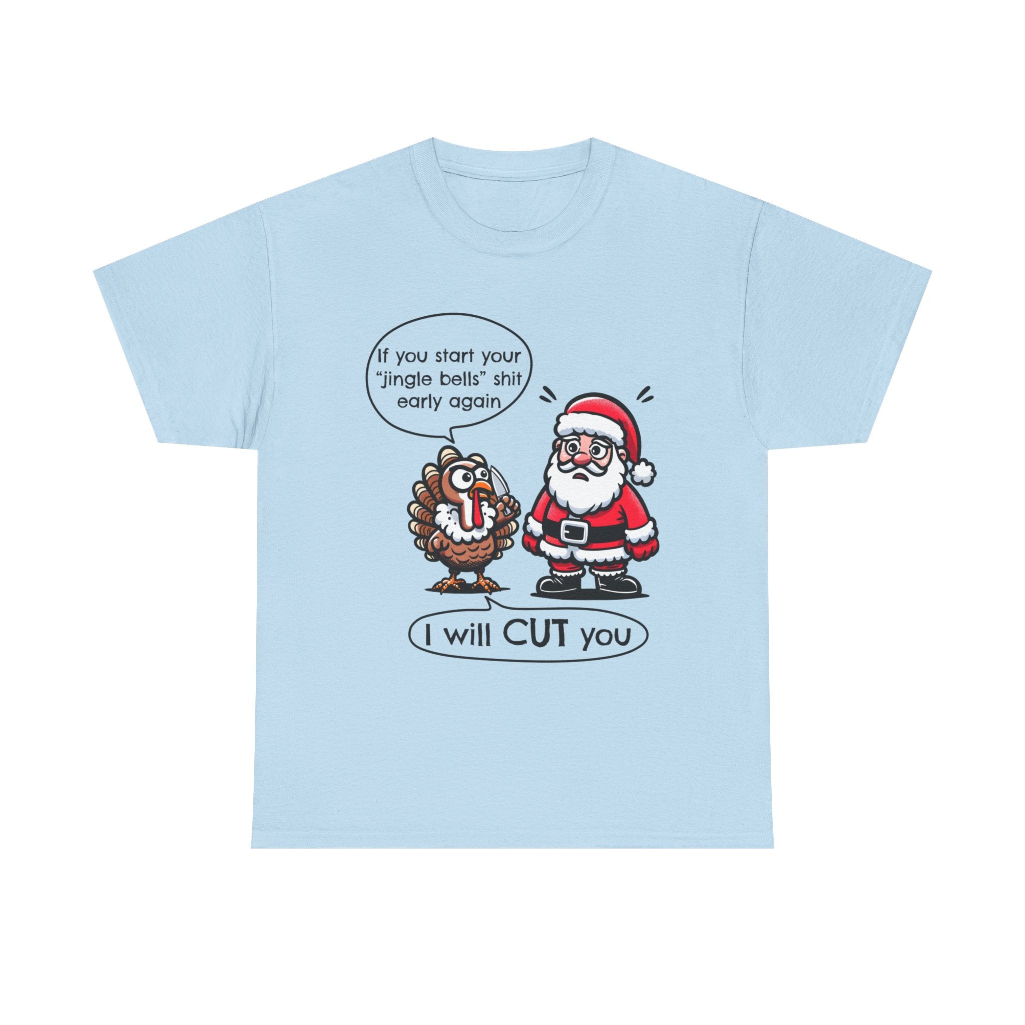 Funny Holiday Tee: 'I Will CUT You' Santa & Turkey Design, Christmas Gift, Unisex Cotton Shirt, Thanksgiving Humor, Festive Apparel