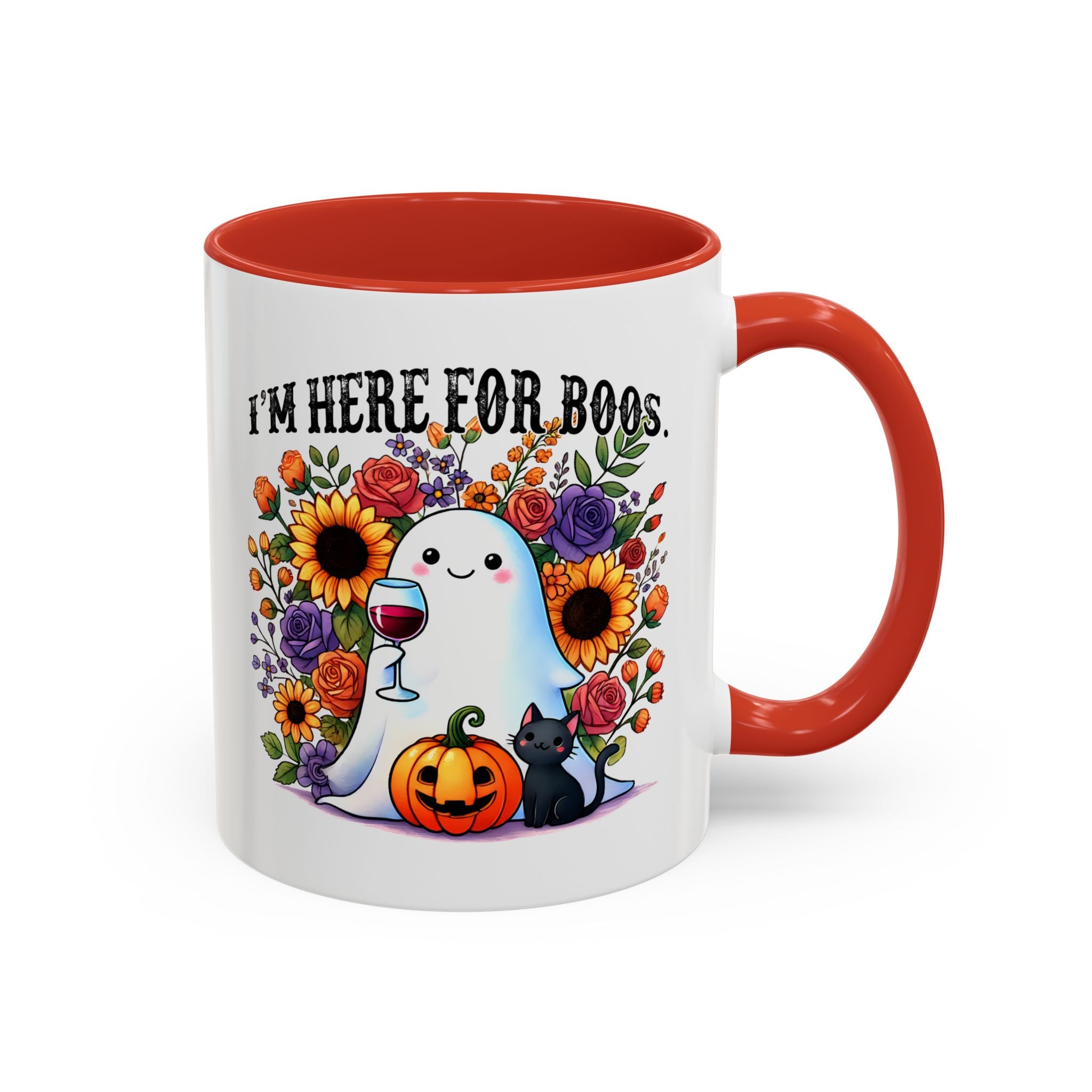 Spooky Floral Coffee Mug - I'm Here for Boos, Halloween Gift, Autumn Decor, Cute Ghost Mug, Cat Lover Drinkware