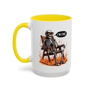 Funny I'M fine  Skeleton on fire Coffee Mug - Humor Gift for Halloween, Coffee Lovers,  Decor, Gag Gift, 11-15oz Accent Mug