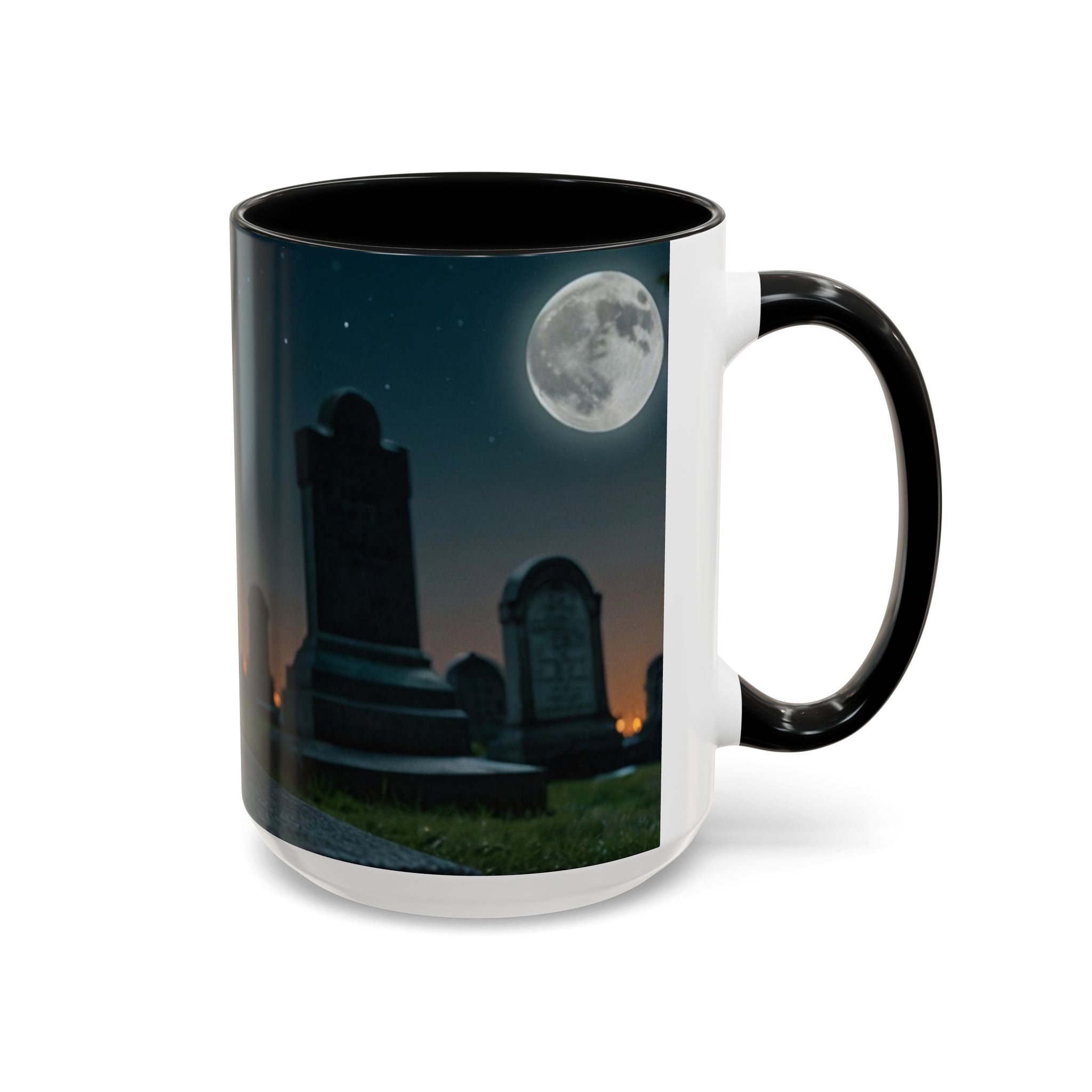 Spooky Black Cat Accent Coffee Mug in graveyard at night with full moon halloween