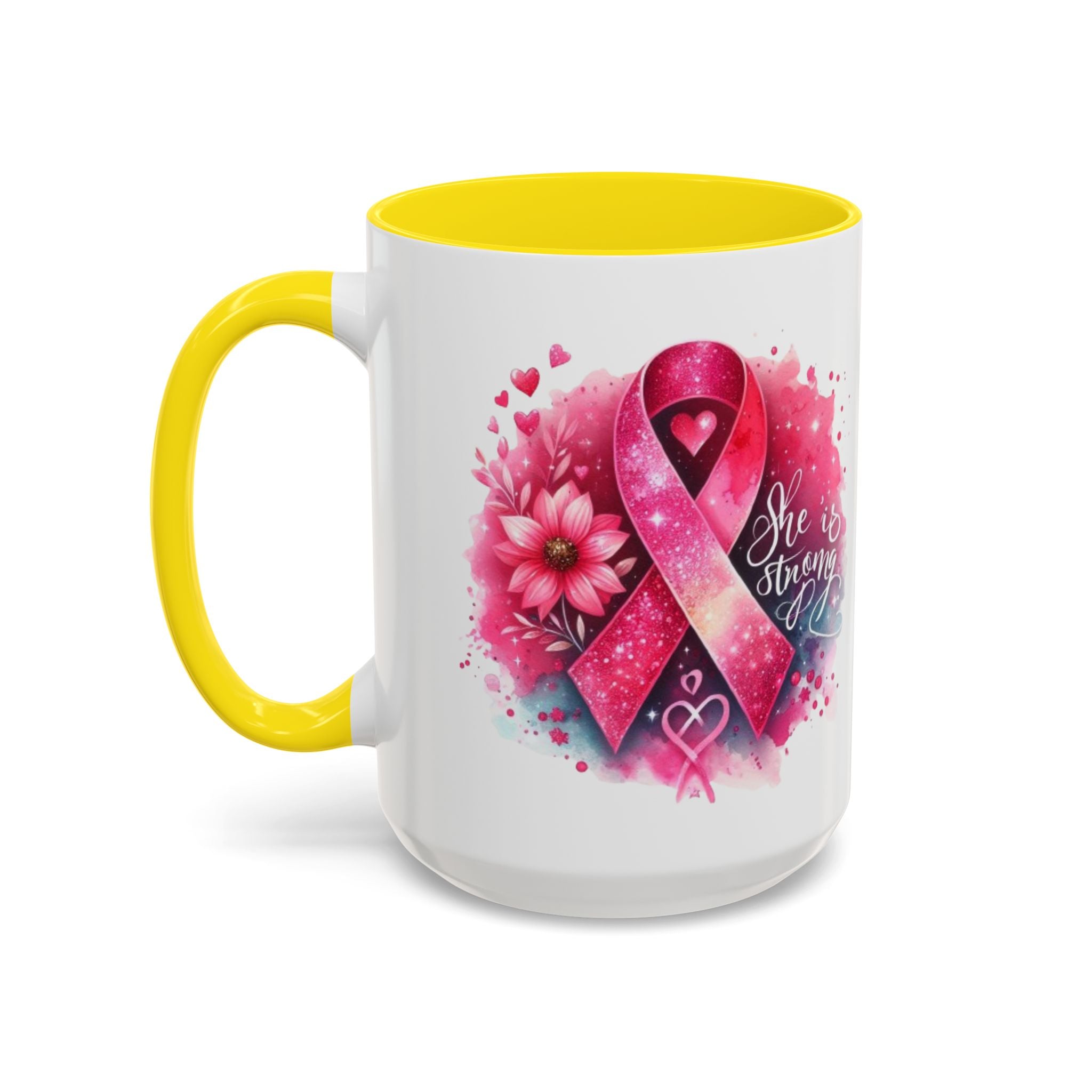 Breast Cancer Awareness Coffee Mug - Inspirational Gift, Motivational Drinkware, Supportive Cup, Pink Ribbon Design, She Is Strong