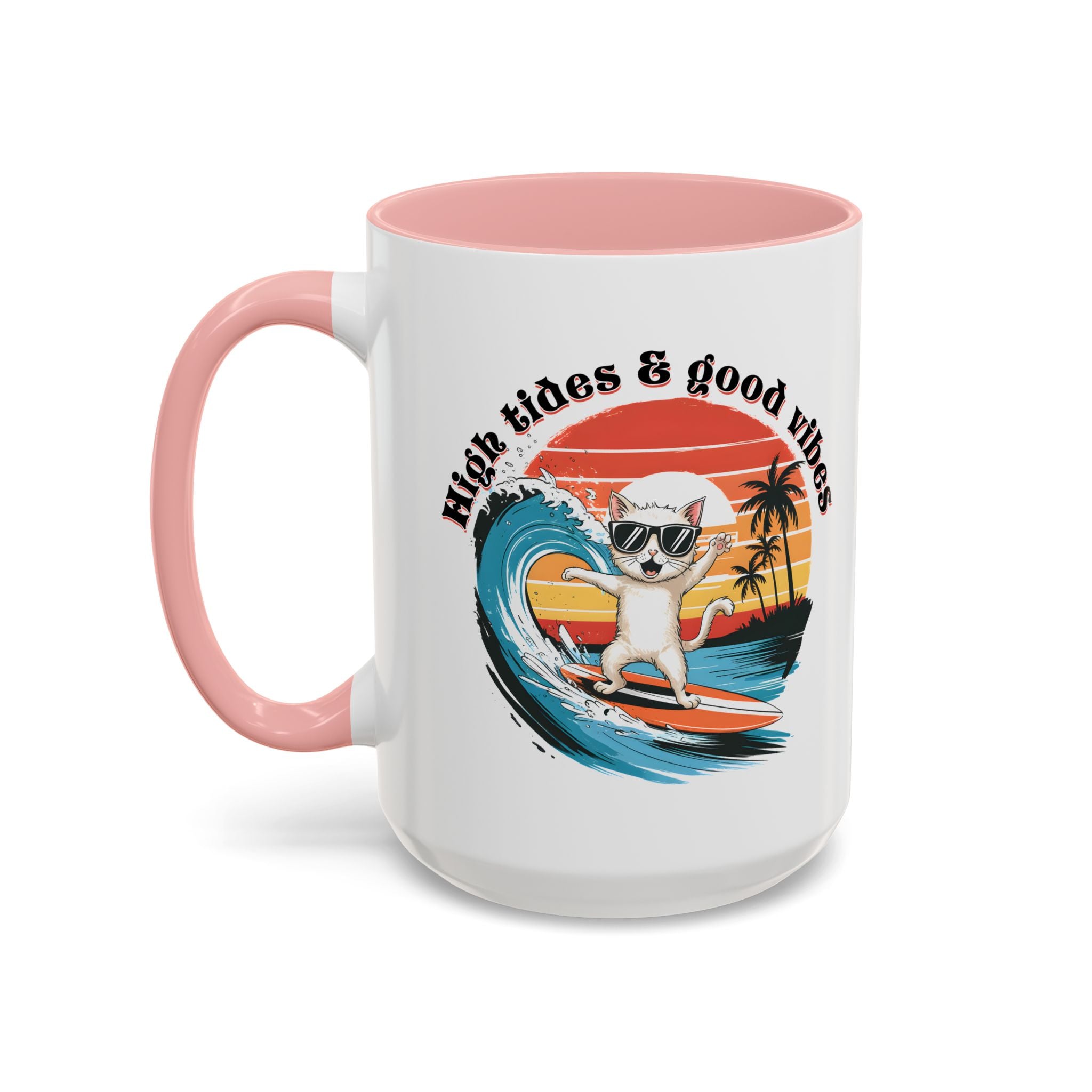 Surfing Cat Coffee Mug - High Tides & Good Vibes - Beach Lover Gift animal lover funny