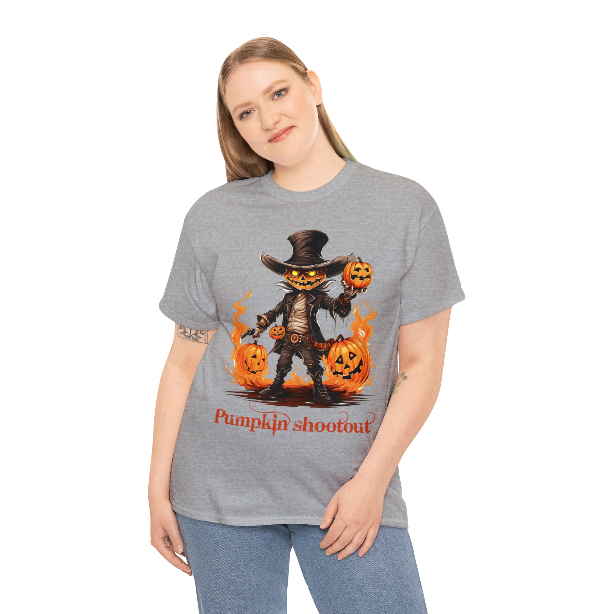 Halloween t shirt pumpkin western style shootout funny fall fun scary stocking stuffer for whole family  cotton tee