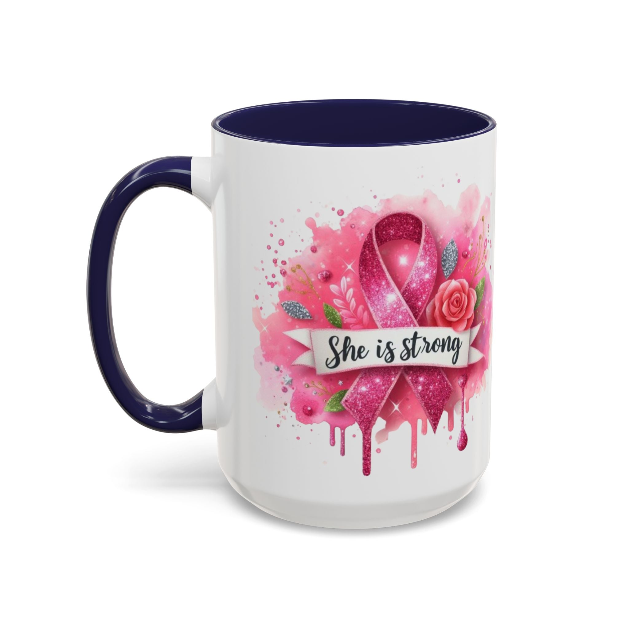 Empowering Pink Ribbon Coffee Mug - She Is Strong, Inspirational Gift for Breast Cancer Awareness, Motivational Drinkware, Supportive [...]