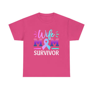Wife Mom Survivor Tee, Unisex Heavy Cotton Tee, Cancer Awareness Shirt, Gift for Survivors, Inspirational Mom Shirt