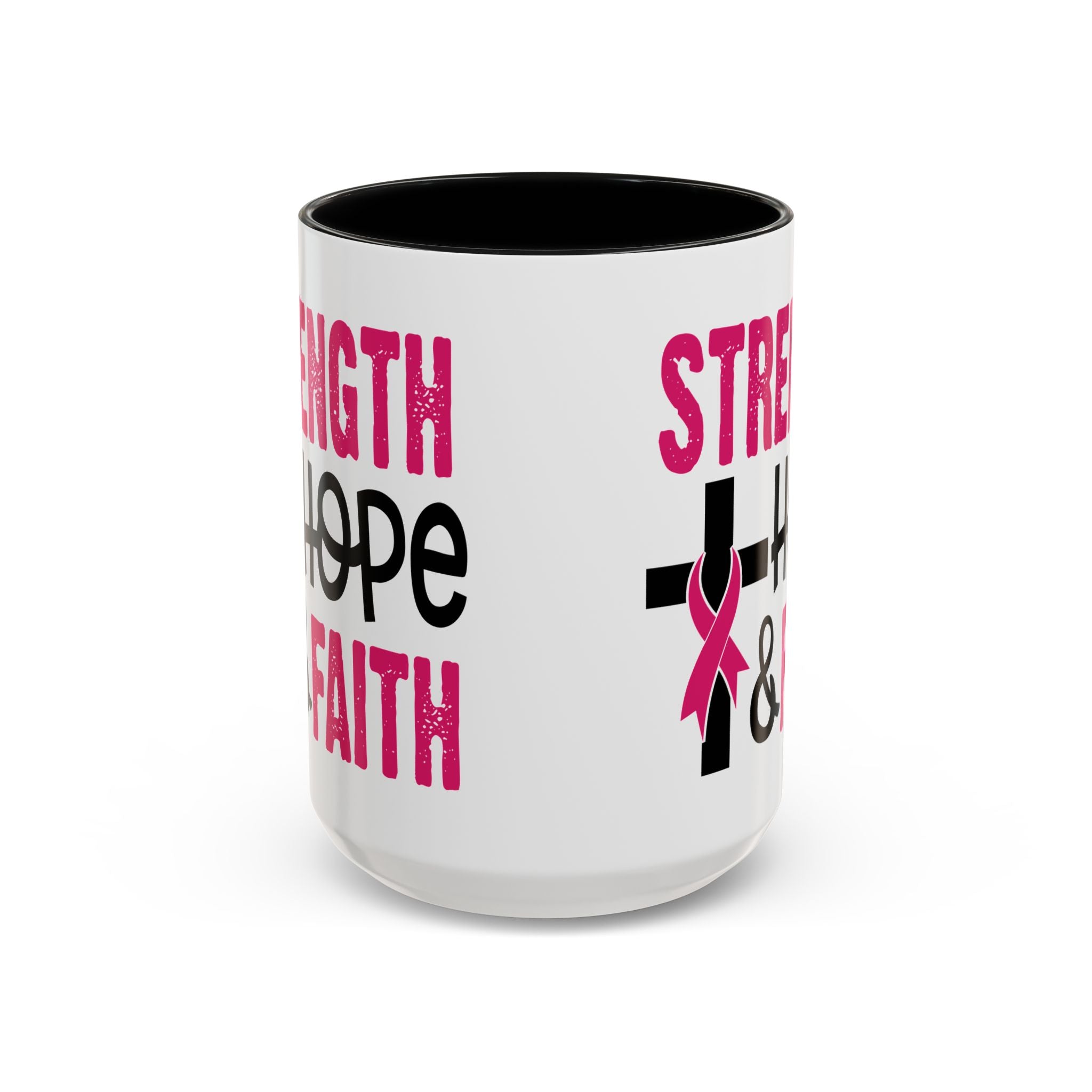 Inspirational Coffee Mug - Strength, Hope, Faith, Pink Ribbon, Christian Gifts, Motivational Drinkware, Breast Cancer Awareness