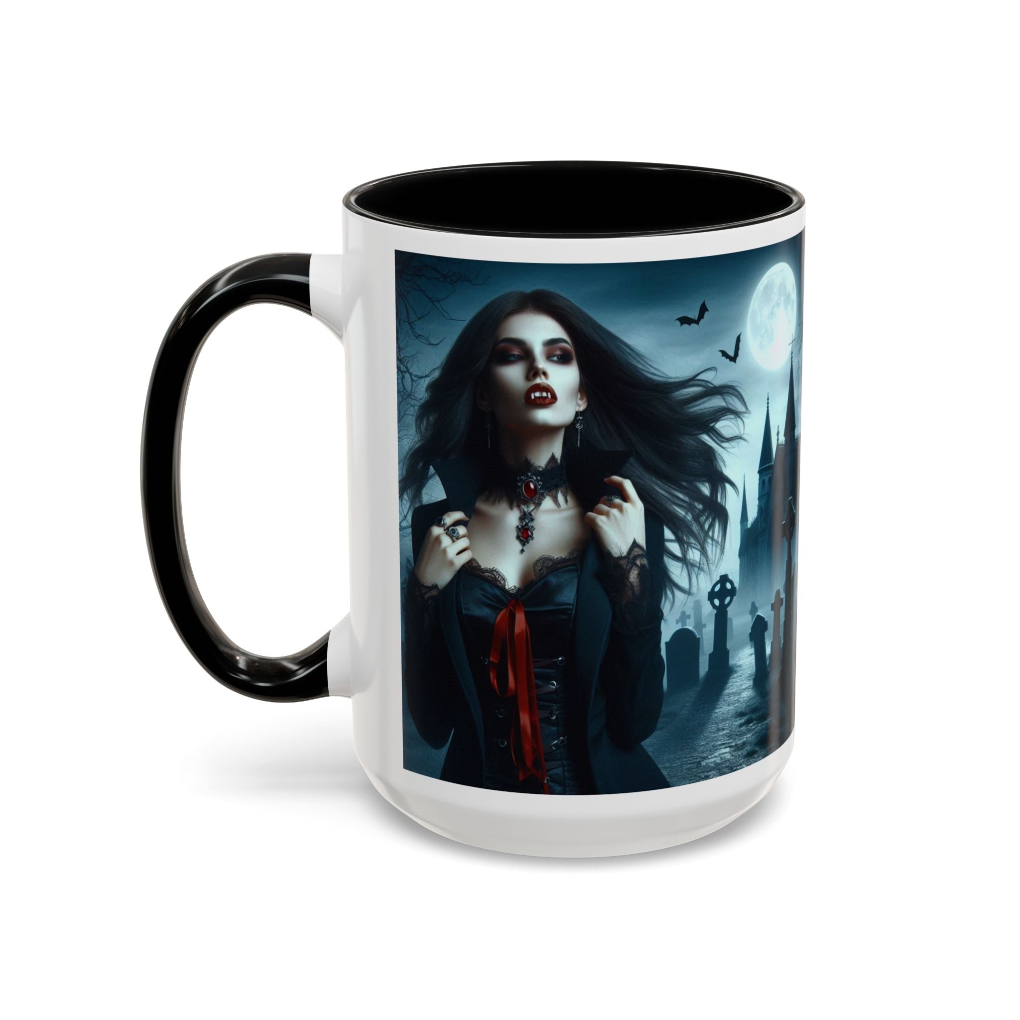 Gothic Vampire Coffee Mug - Spooky Halloween Drinkware in graveyard by castle