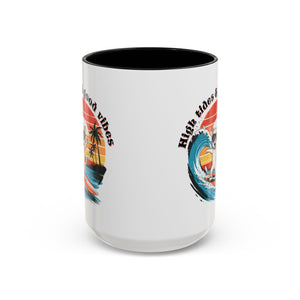 Surfing Cat Coffee Mug - High Tides & Good Vibes - Beach Lover Gift animal lover funny