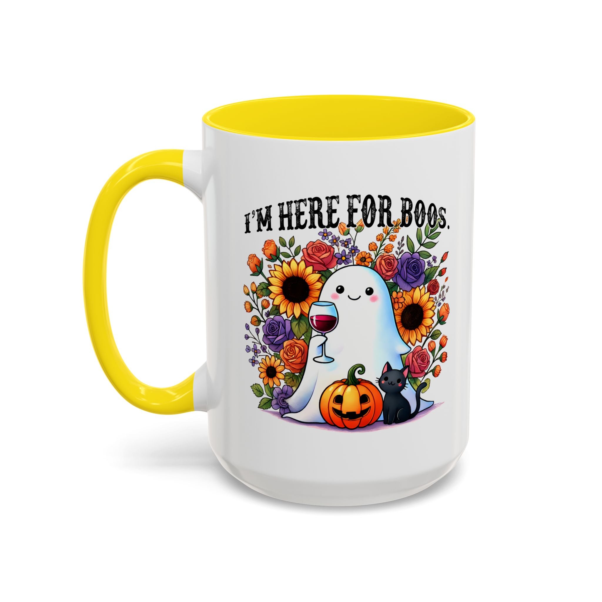 Spooky Floral Coffee Mug - I'm Here for Boos, Halloween Gift, Autumn Decor, Cute Ghost Mug, Cat Lover Drinkware