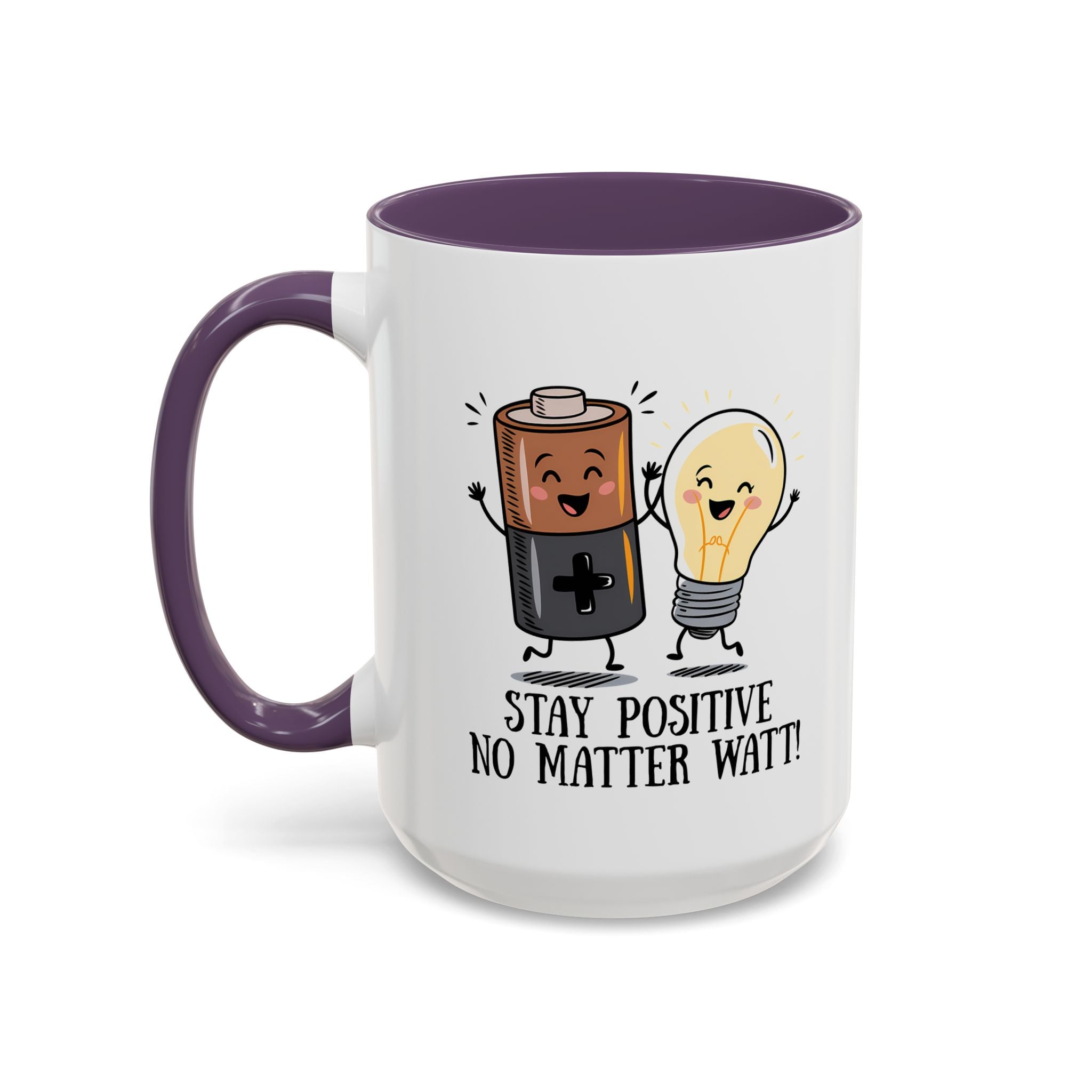 Stay Positive Accent Coffee Mug - 11oz & 15oz - Cute Light Bulb & Battery Design