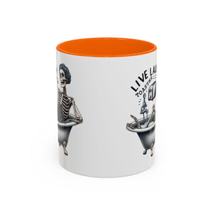 Skeleton Bath Time Coffee Mug, Live Laugh Roast & Relax Skeleton Mug, Funny Gift for Halloween, Quirky Kitchen Decor, Unique Coffee Cup