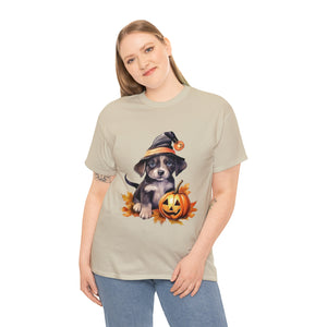 halloween t shirt puppy in witch hat cute gift for her stocking stuffer fall fun item for whole family Unisex Heavy Cotton Tee