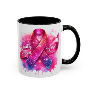 Inspirational Ribbon Coffee Mug - Faith, Hope, Love, Support, Gift for Cancer Awareness, Breast Cancer, Encouragement, Motivational