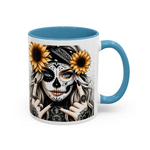 Sunflower Skull Accent Coffee Mug, Gothic Floral Mug, Unique Gift for Coffee Lovers, Boho Decor, Halloween Mug, Artful Drinkware