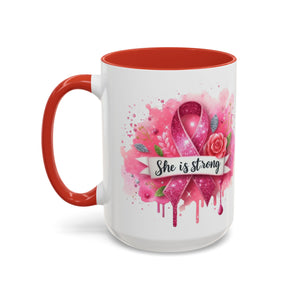 Empowering Pink Ribbon Coffee Mug - She Is Strong, Inspirational Gift for Breast Cancer Awareness, Motivational Drinkware, Supportive [...]