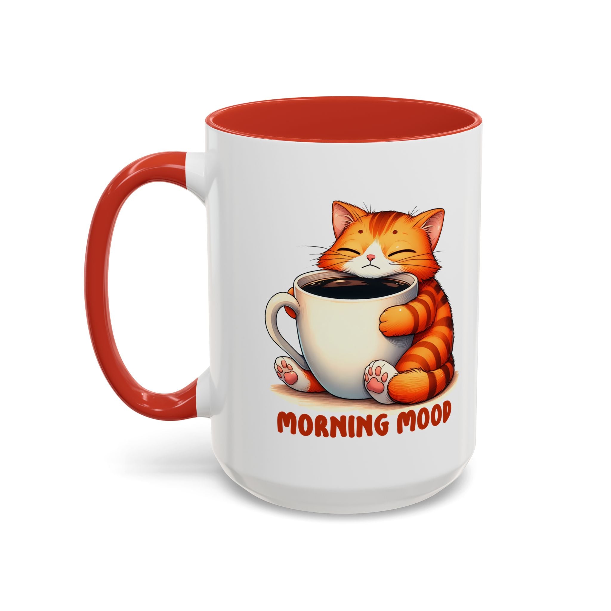 Morning Mood Cat Coffee Mug — Cute Orange Cat Holding Cup (11/15oz)