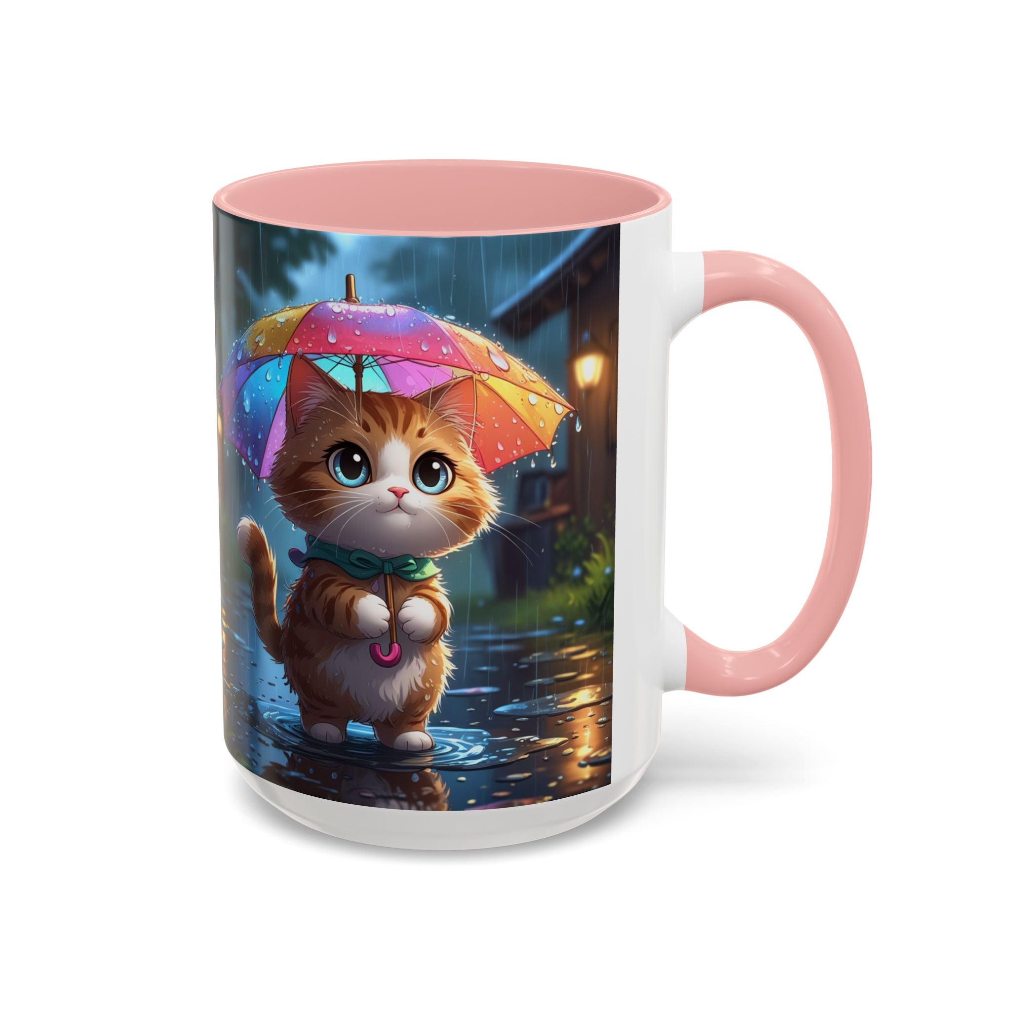 Cute Rainy Day Cat Mug — Kawaii Kitten with Rainbow Umbrella Coffee Cup (11/15oz)