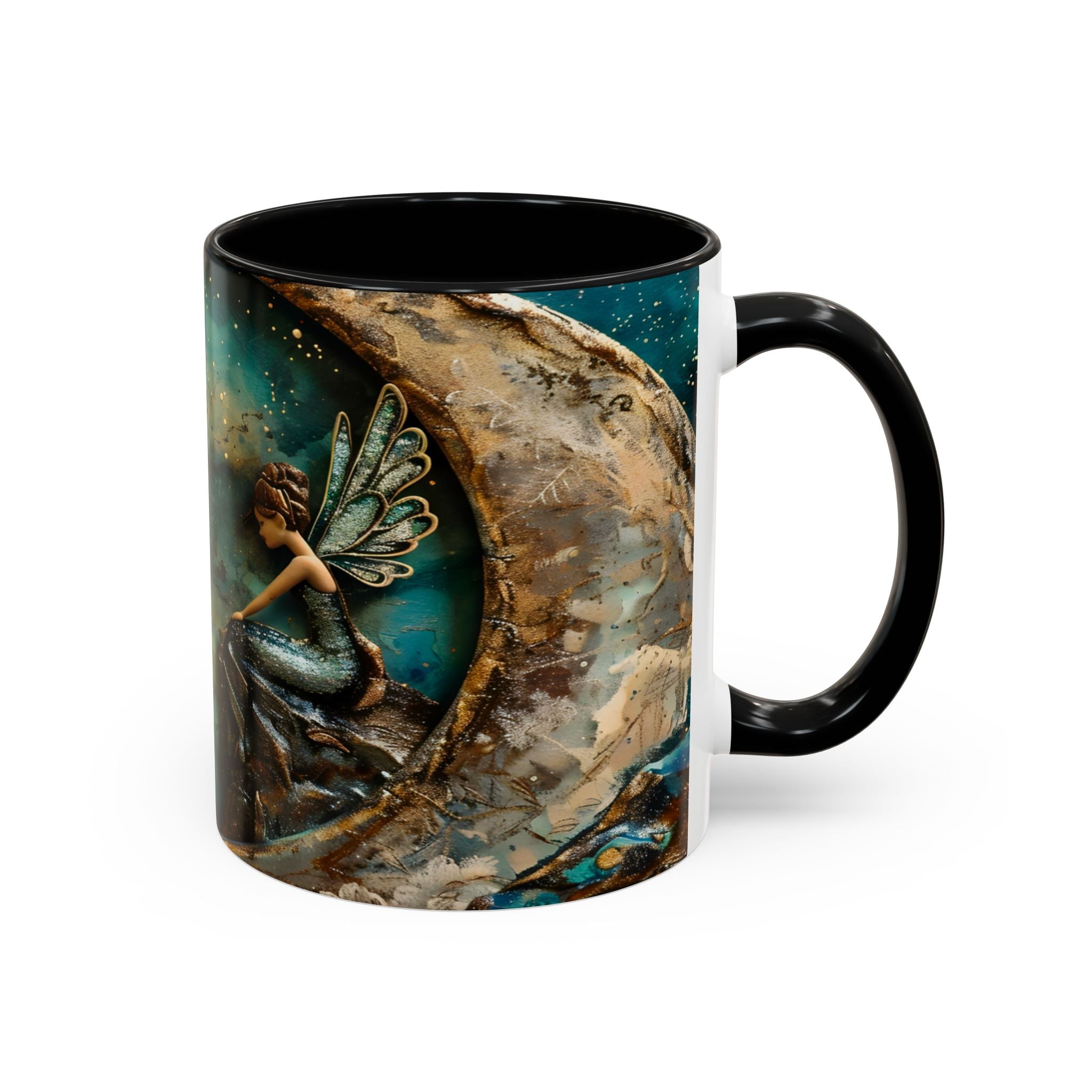 Fairy on the Moon Accent Coffee Mug – Mystical Teal Celestial Ceramic Mug (11/15oz) fantasy