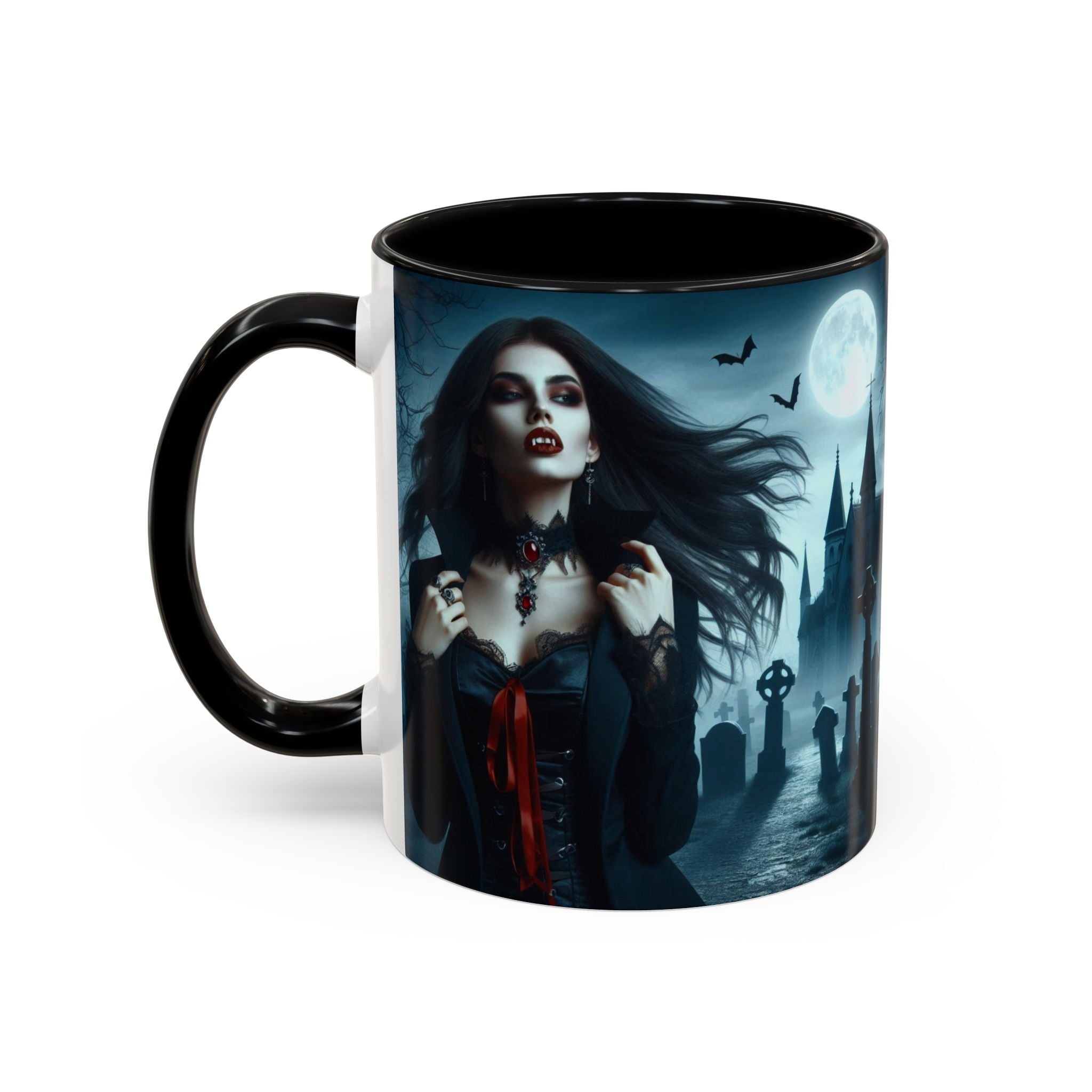 Gothic Vampire Coffee Mug - Spooky Halloween Drinkware in graveyard by castle