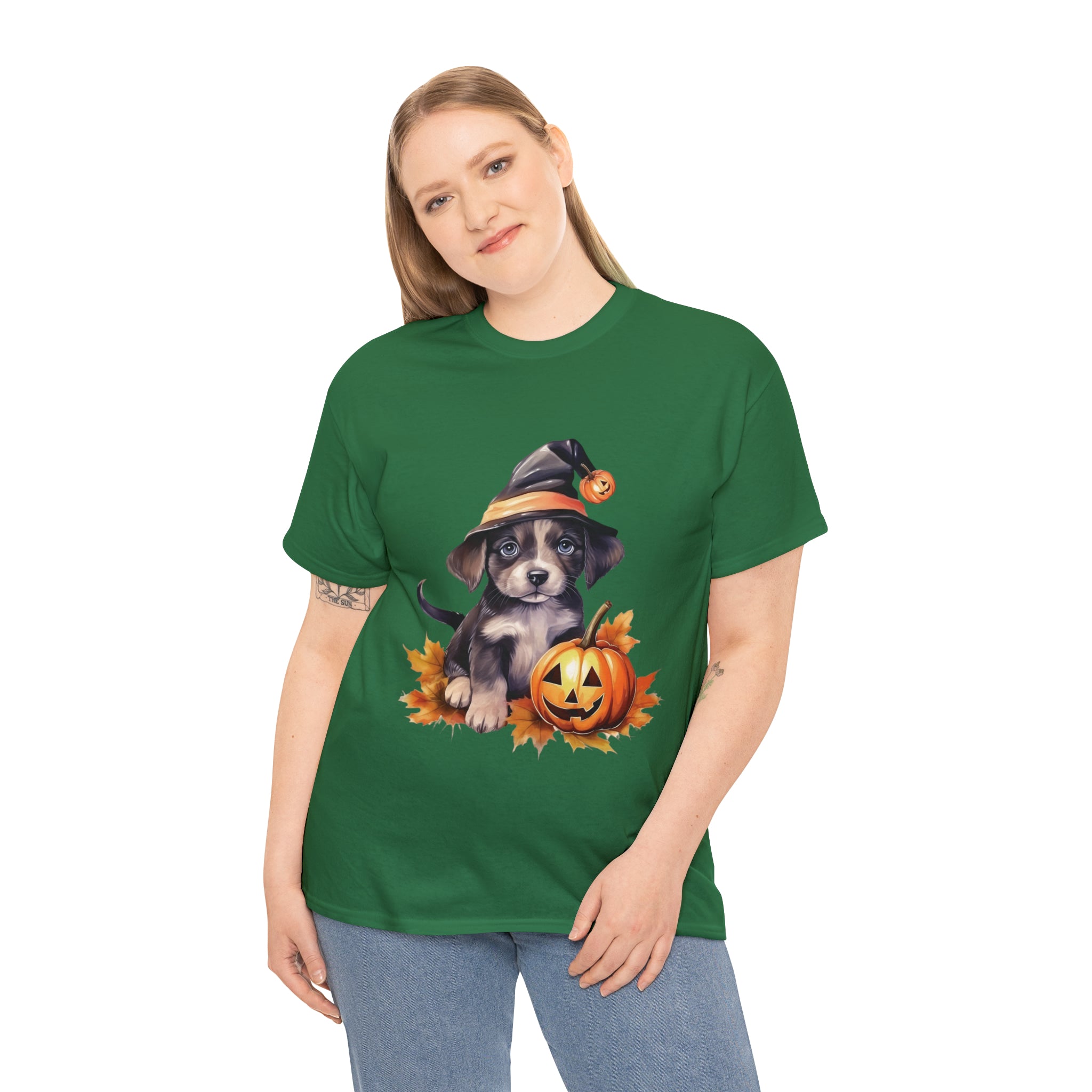 halloween t shirt puppy in witch hat cute gift for her stocking stuffer fall fun item for whole family Unisex Heavy Cotton Tee
