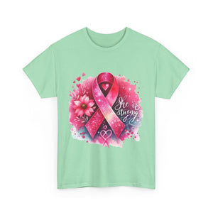 Breast Cancer Awareness Tee - She is Strong, Support Shirt, Gift for Fighters, Awareness Month Apparel, Inspirational T-Shirt