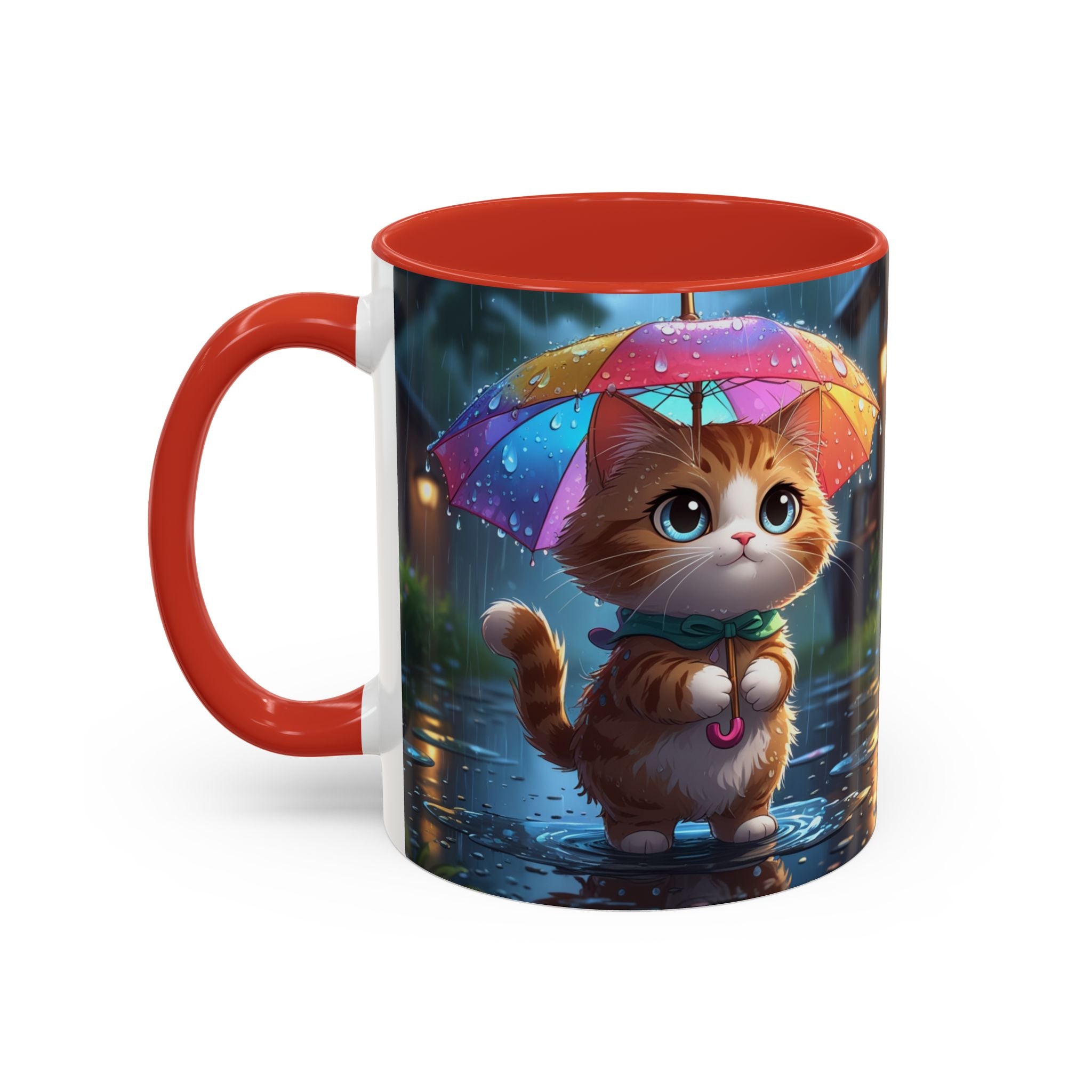 Cute Rainy Day Cat Mug — Kawaii Kitten with Rainbow Umbrella Coffee Cup (11/15oz)