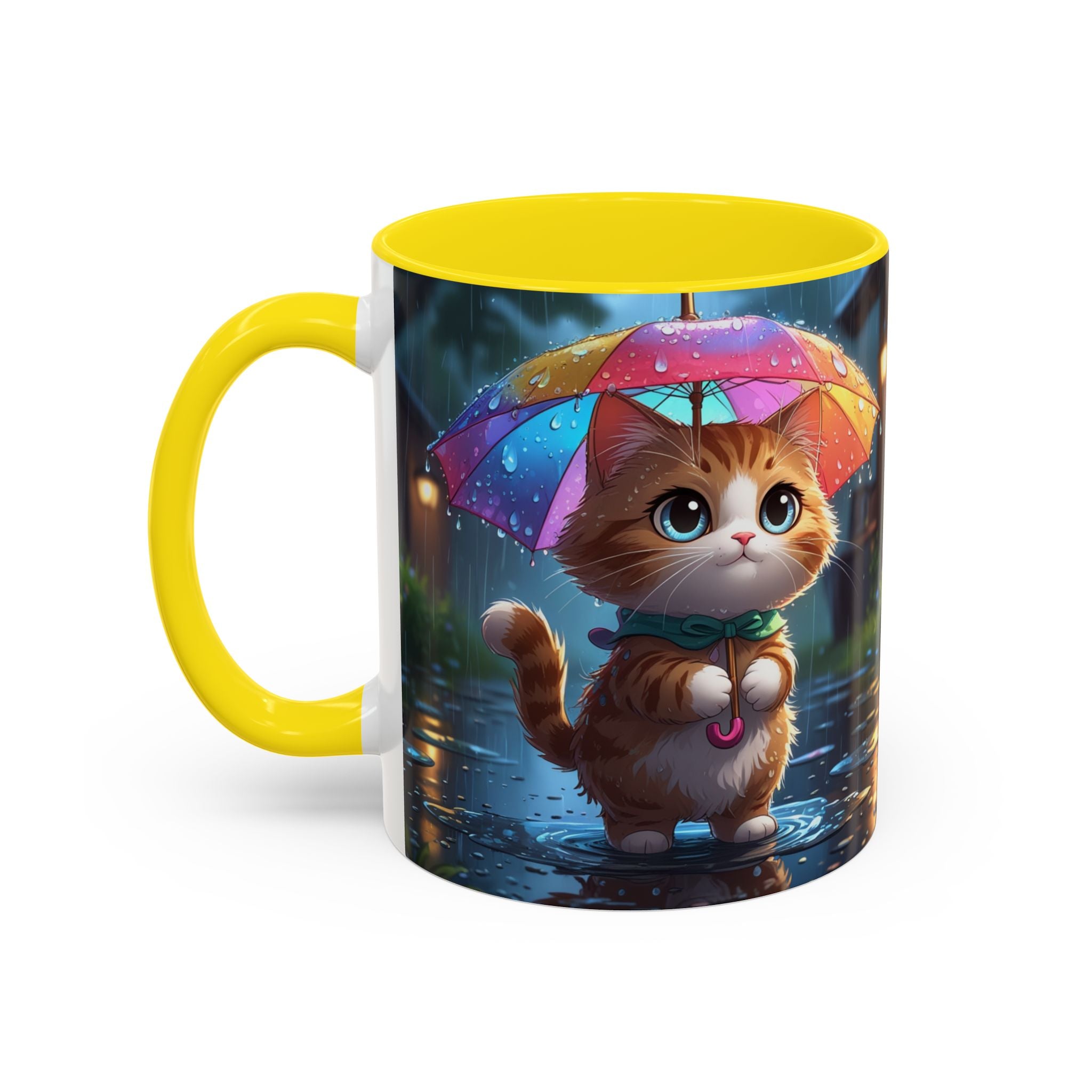 Cute Rainy Day Cat Mug — Kawaii Kitten with Rainbow Umbrella Coffee Cup (11/15oz)