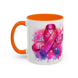 Inspirational Ribbon Coffee Mug - Faith, Hope, Love, Support, Gift for Cancer Awareness, Breast Cancer, Encouragement, Motivational