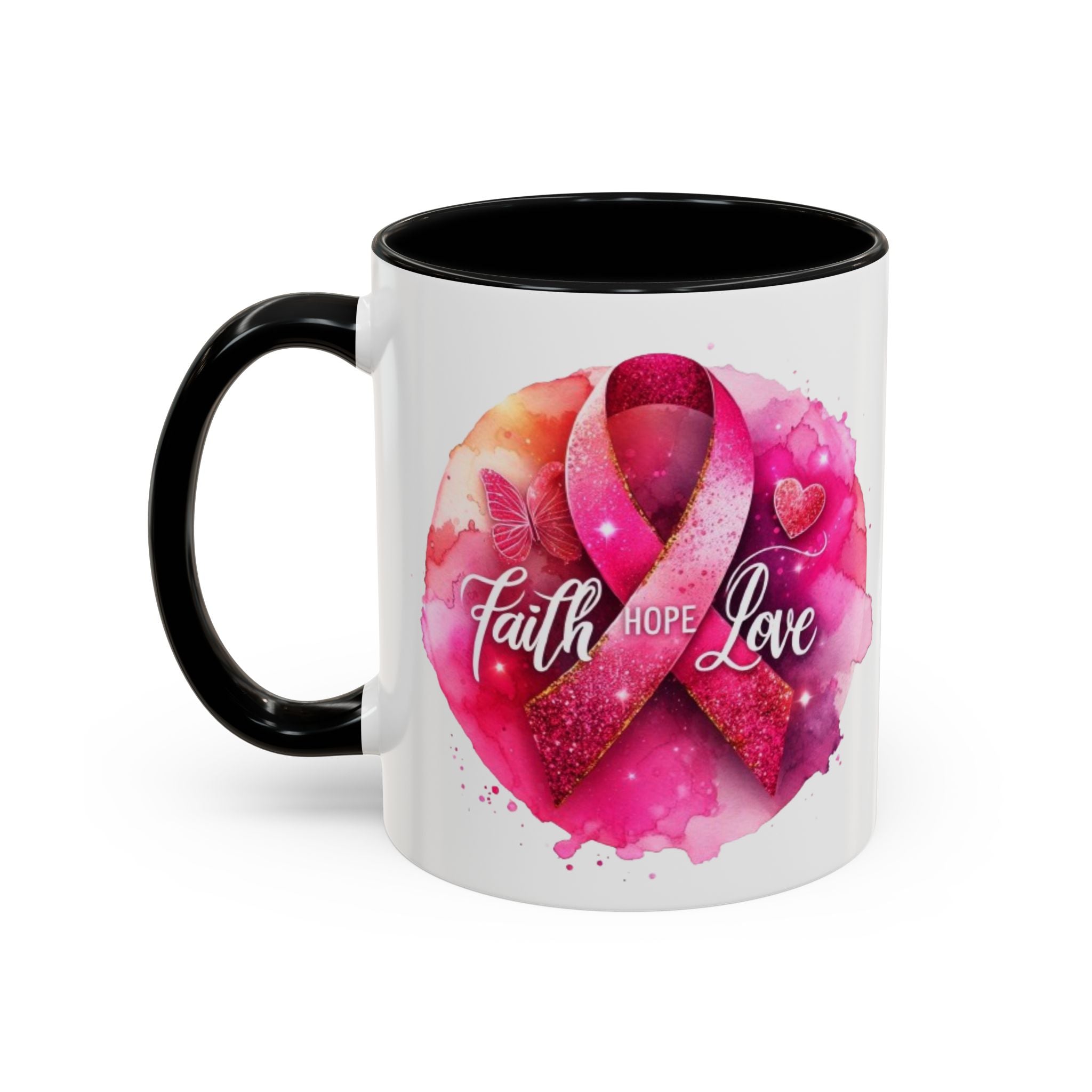 Inspirational Accent Coffee Mug with Pink Ribbon Design, Faith Hope Love Gift, Cancer Awareness Mug, Supportive Drinkware, Meaningful [...]