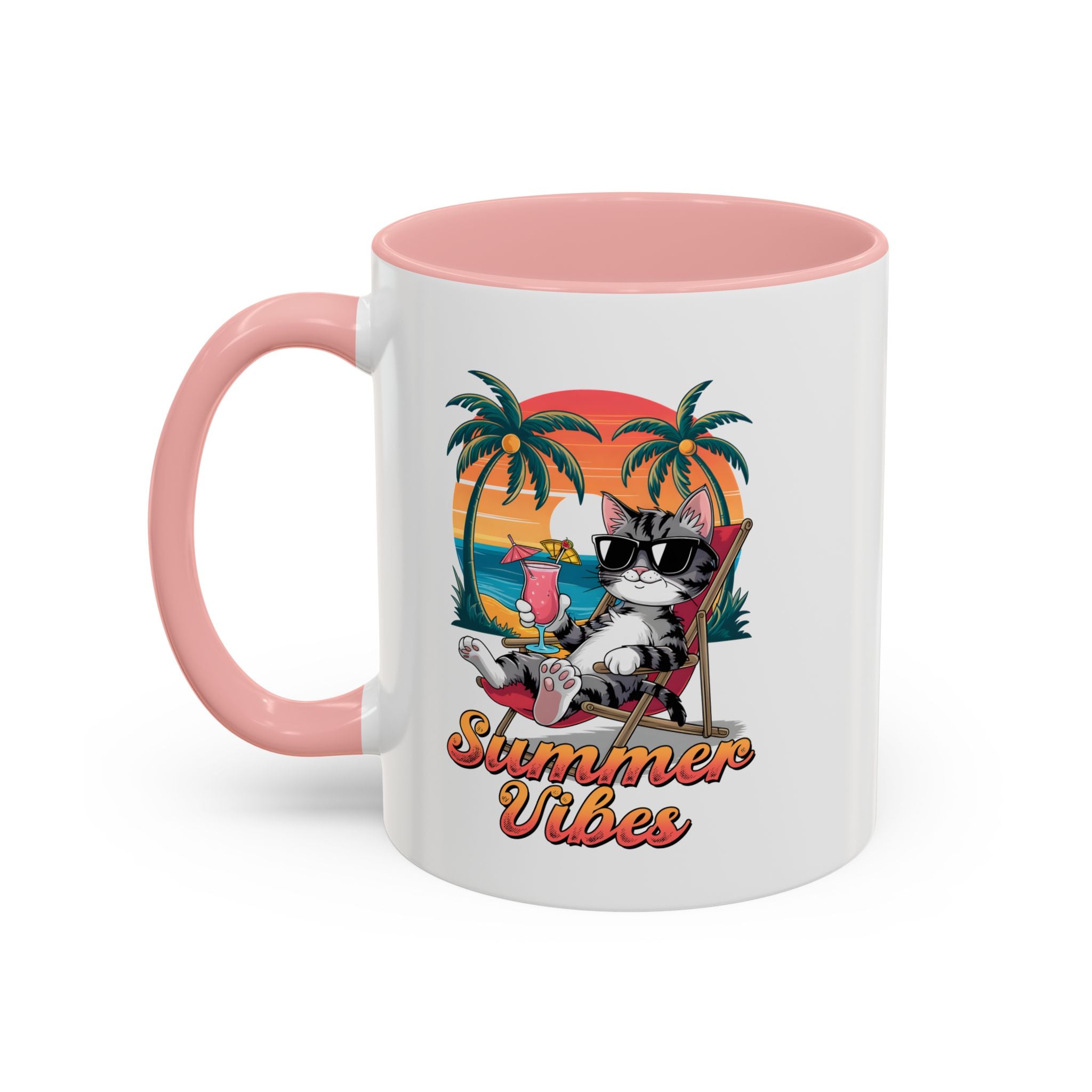 Summer Vibes Coffee Mug, Tropical Cat Mug, Beach Lover Gift, Fun Animal Sipware, Vacation-themed Drinkware, Pet Lover Cup