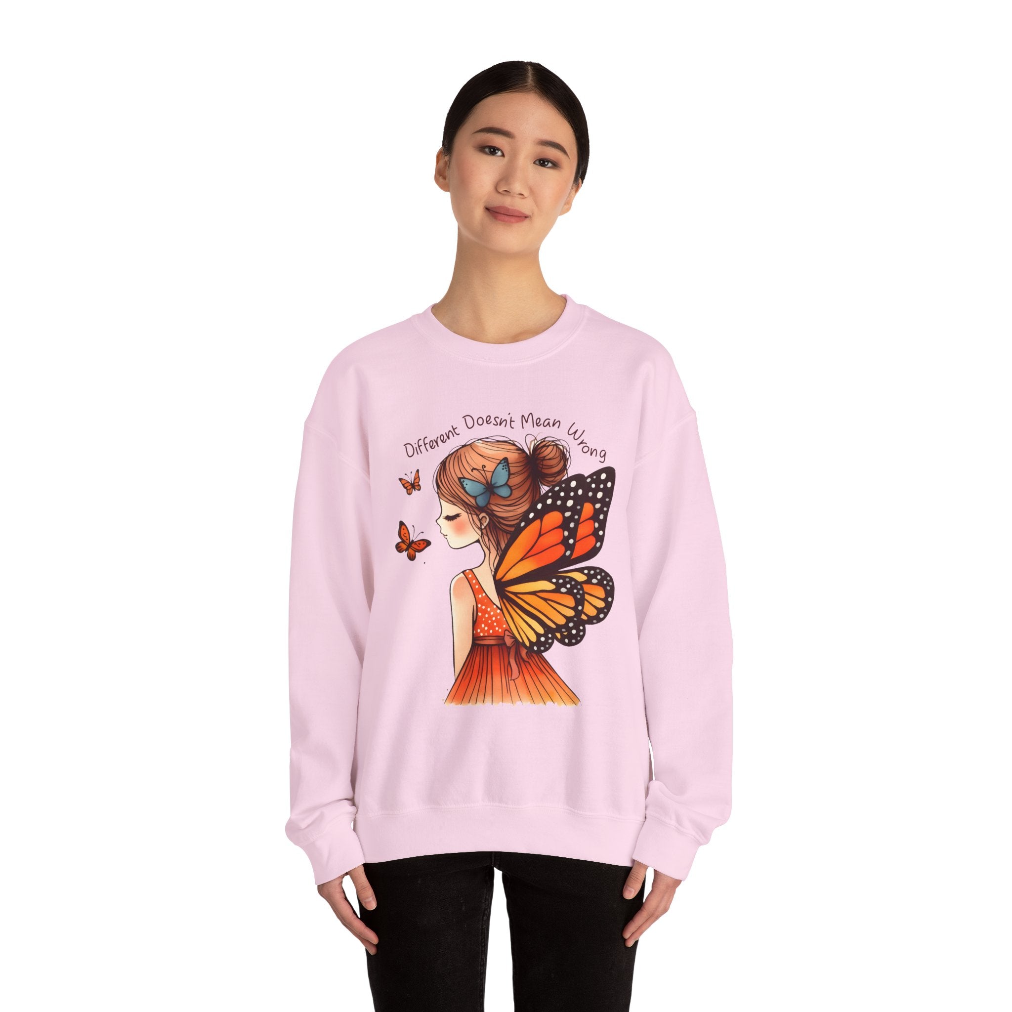 Butterfly Girl Crewneck Sweatshirt — "Different Doesn’t Mean Wrong" Graphic