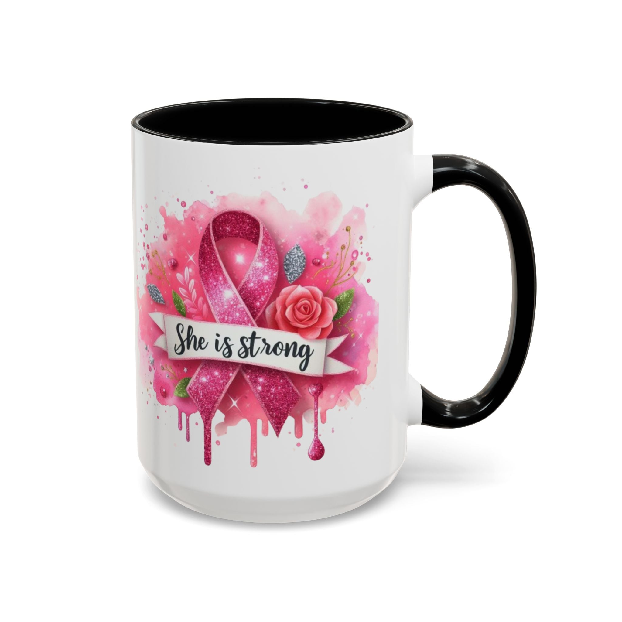 Empowering Pink Ribbon Coffee Mug - She Is Strong, Inspirational Gift for Breast Cancer Awareness, Motivational Drinkware, Supportive [...]