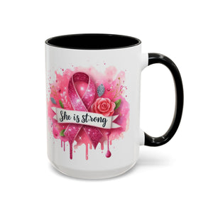 Empowering Pink Ribbon Coffee Mug - She Is Strong, Inspirational Gift for Breast Cancer Awareness, Motivational Drinkware, Supportive [...]
