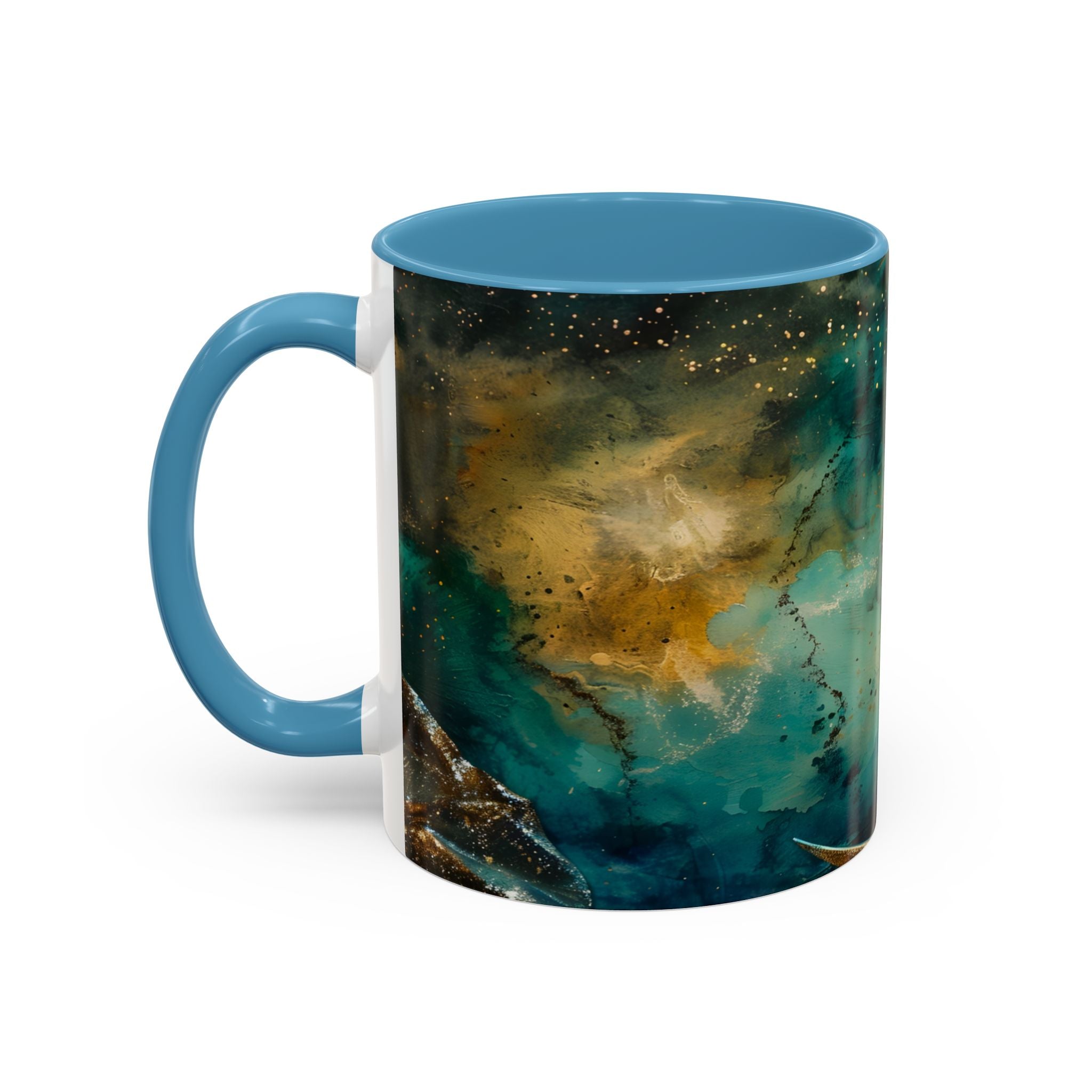 Fairy on the Moon Accent Coffee Mug – Mystical Teal Celestial Ceramic Mug (11/15oz) fantasy