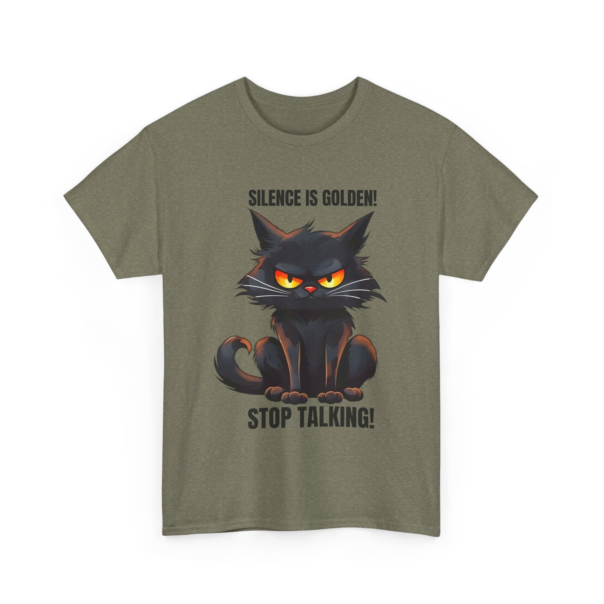 sarcasm Funny Cat Tee - "Silence is Golden! Stop Talking!" - Cute Cat Graphic T-Shirt, Gift for Cat Lovers,  Humor Shirt, Pet Owner Apparel