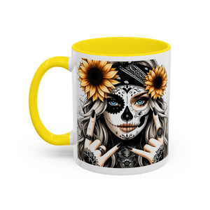 Sunflower Skull Accent Coffee Mug, Gothic Floral Mug, Unique Gift for Coffee Lovers, Boho Decor, Halloween Mug, Artful Drinkware