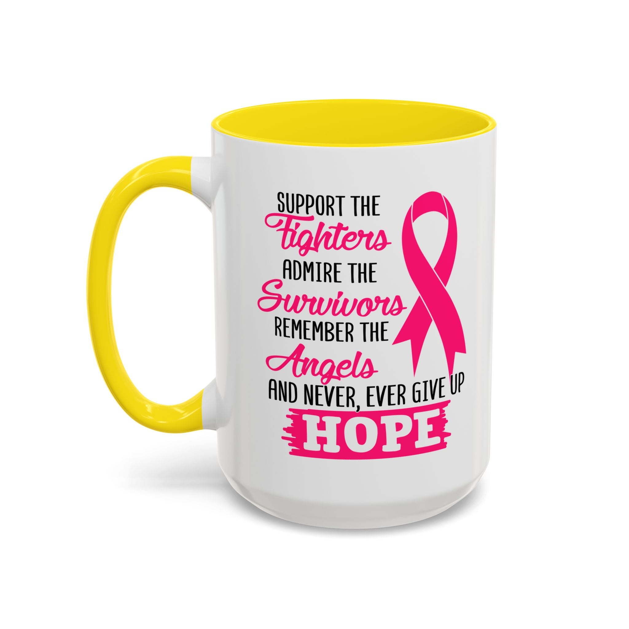 Inspirational Pink Ribbon Coffee Mug: Support Fighters, Admire Survivors, Celebrate Hope, Gift for Cancer Awareness, Motivational Mug