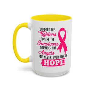 Inspirational Pink Ribbon Coffee Mug: Support Fighters, Admire Survivors, Celebrate Hope, Gift for Cancer Awareness, Motivational Mug