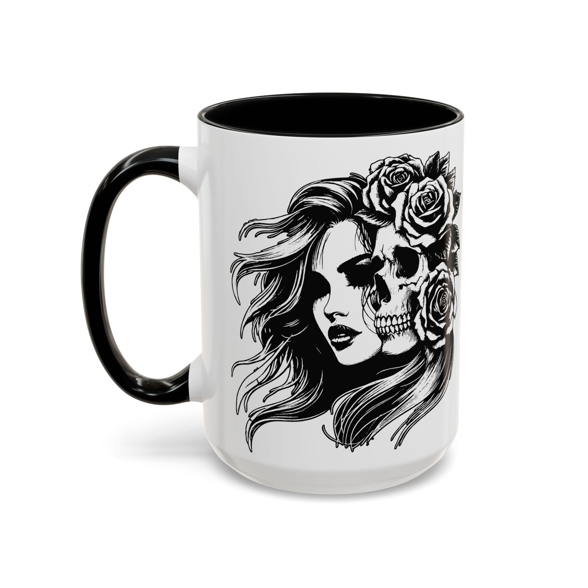 Skull & Rose Accent Coffee Mug — Gothic Half-Skull Woman 11/15oz