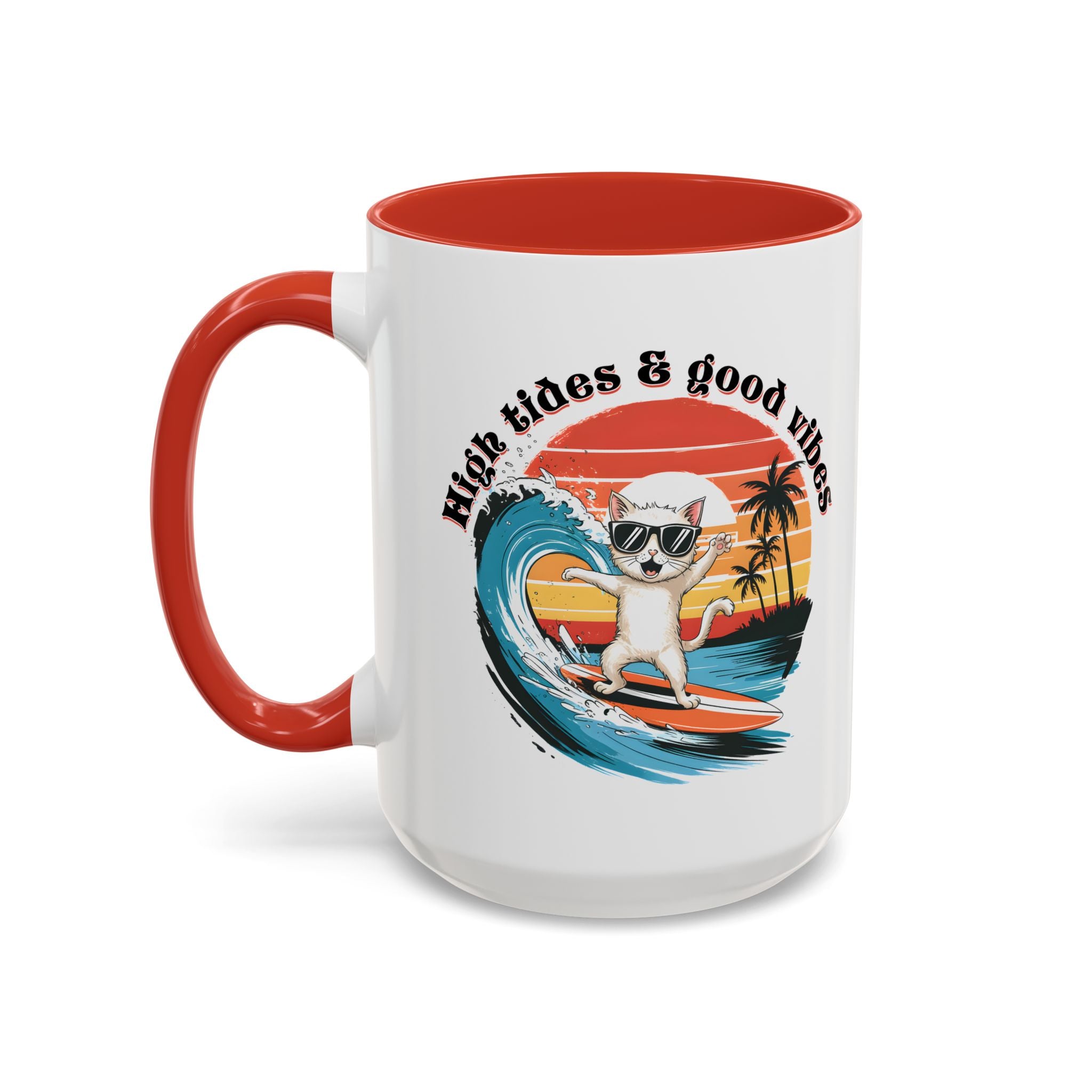 Surfing Cat Coffee Mug - High Tides & Good Vibes - Beach Lover Gift animal lover funny