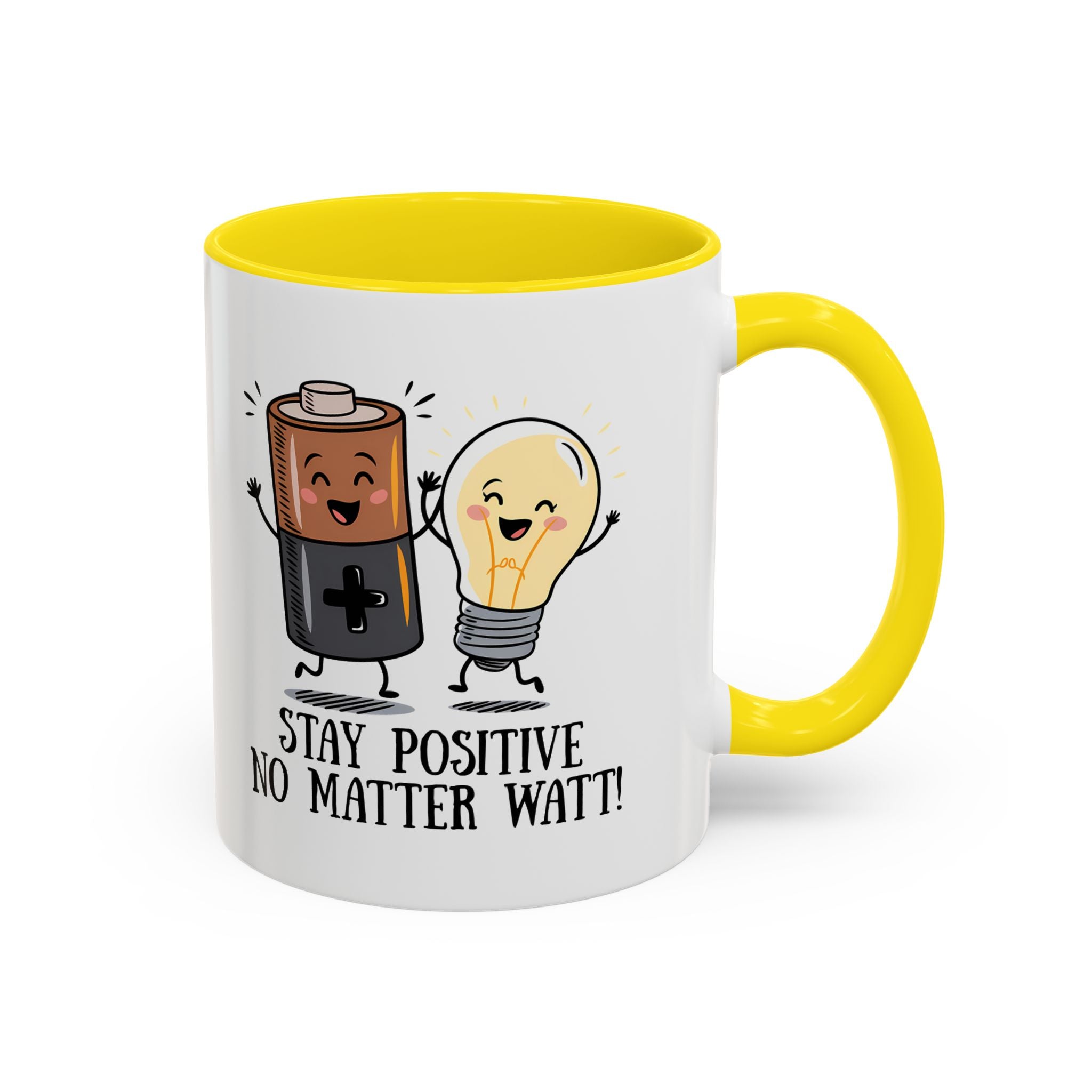Stay Positive Accent Coffee Mug - 11oz & 15oz - Cute Light Bulb & Battery Design