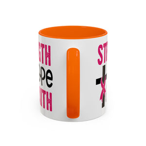 Inspirational Coffee Mug - Strength, Hope, Faith, Pink Ribbon, Christian Gifts, Motivational Drinkware, Breast Cancer Awareness
