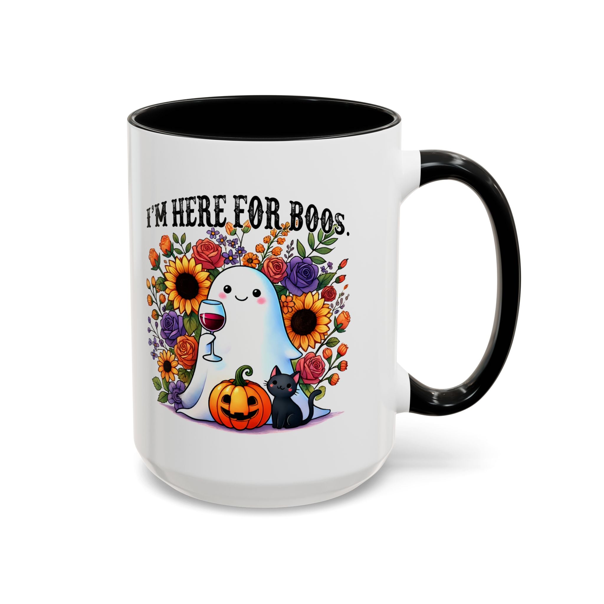 Spooky Floral Coffee Mug - I'm Here for Boos, Halloween Gift, Autumn Decor, Cute Ghost Mug, Cat Lover Drinkware