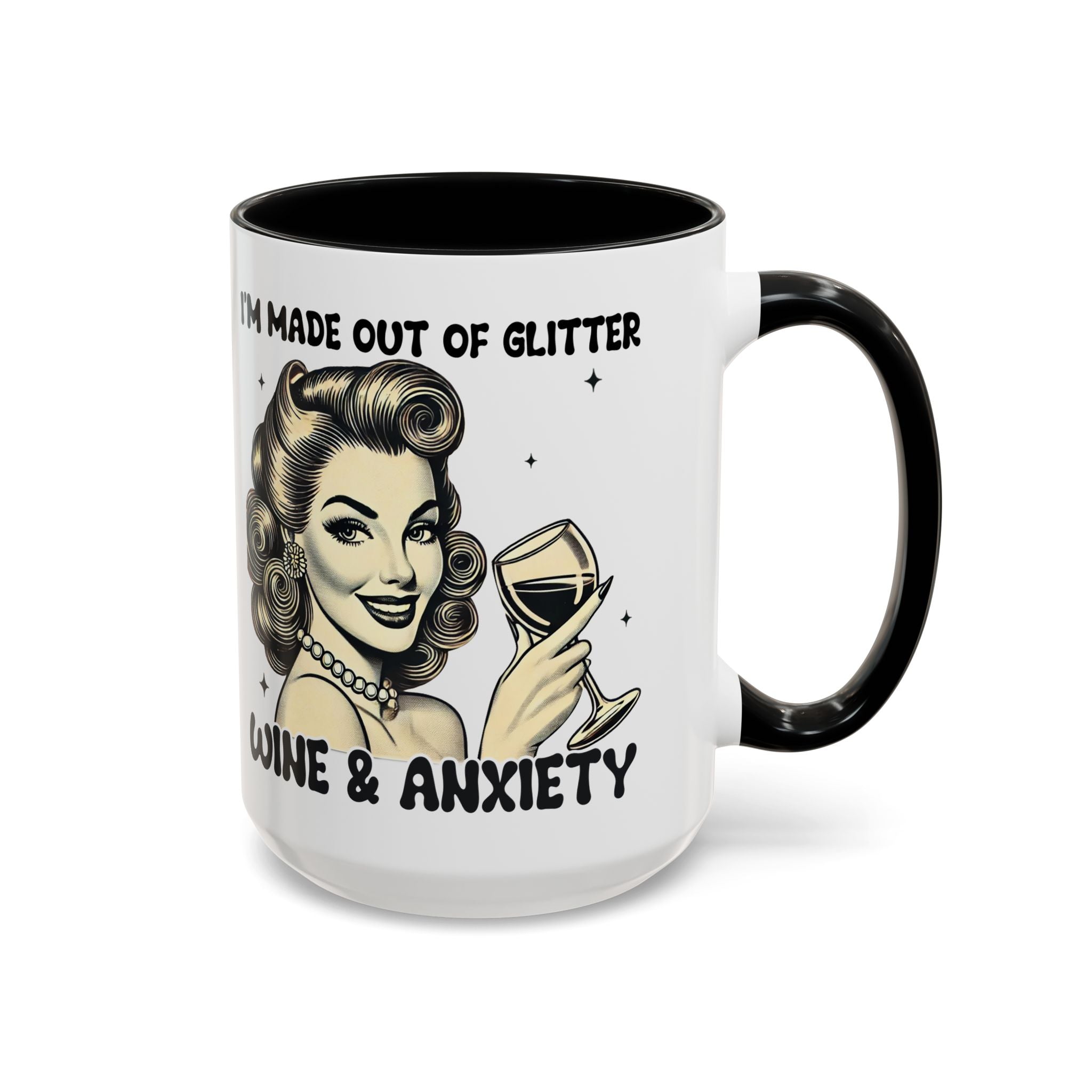 Wine & Anxiety Coffee Mug — "I'm Made Out of Glitter, Wine & Anxiety" Retro Accent Mug